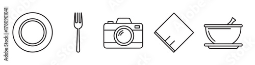 Black outline vector icons of a plate, fork, camera, napkin, and bowl with pestle in a simple, minimal design.