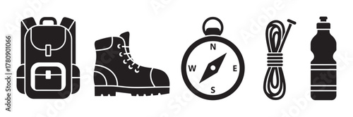 Black silhouette icons of outdoor equipment including a backpack, hiking boot, compass, rope, and water bottle arranged in a row.
