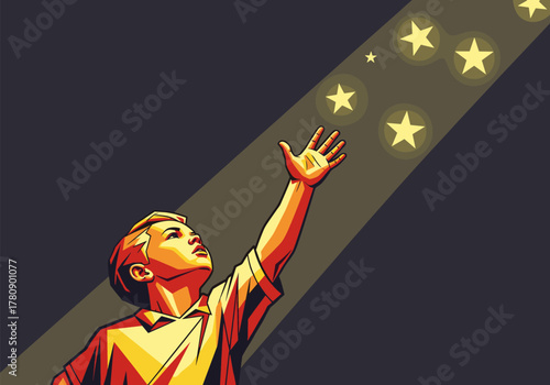 Dreaming child reaching for stars in colorful geometric art design
