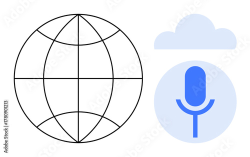 Globe outline, microphone icon in a cloud circle representing global communication, cloud computing, and digital voice technology. Ideal for networking, AI, data sharing, media, podcasting remote