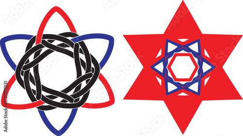 Two intertwined star of david symbols with geometric patterns