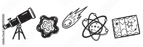 Black and white illustrations of a telescope, a galaxy, a comet, an atom with a planet, and a map with stars.