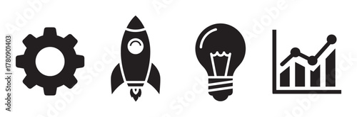 Black silhouette icons of a gear, rocket, light bulb, and bar graph with an upward trend line, representing innovation and growth concepts.