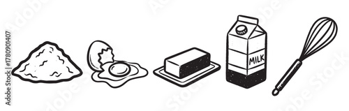 Black and white illustration of baking ingredients including flour, egg, butter, milk carton, alongside a whisk, shown in a linear style.