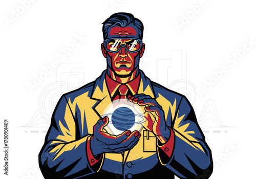 Futuristic scientist holding digital planet in glowing suit and shades