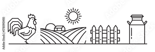Black outline vector icon depicting a pastoral farm scene with a rooster, rolling fields, a barn, a fence, and a milk can under the sun.