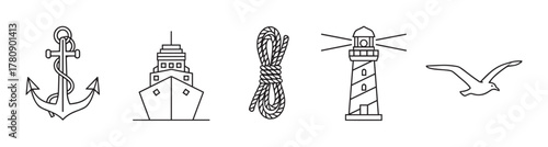 Black outline vector icons featuring an anchor, a ship, a coiled rope, a lighthouse, and a seagull, representing nautical and maritime themes.