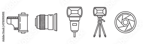 Black outline vector icons of a camera film roll, a camera lens, flash units on tripod, and a camera shutter. minimal linear illustrations for photography equipment.