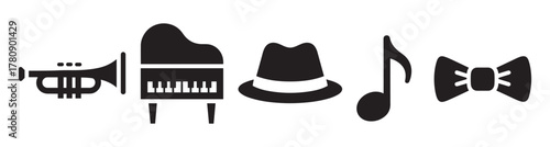 Black silhouette icons of a trumpet, piano, fedora hat, musical note, and bow tie, representing jazz and music elements.