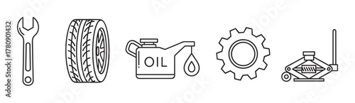 Black outline vector icons of automotive tools including a wrench, tire, oil can, gear, and car jack, ideal for repair and maintenance themes.