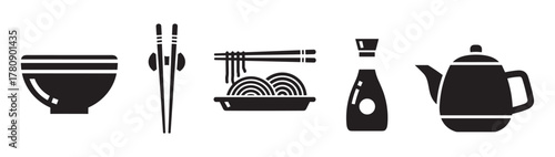 Black outline vector icon set depicting a bowl, chopsticks, noodles, a soy sauce bottle, and a teapot, representing asian cuisine essentials.