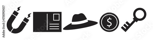 Black silhouette icons featuring a horseshoe magnet, document with lines, wide-brimmed hat, dollar coin, and a key with a circular head.