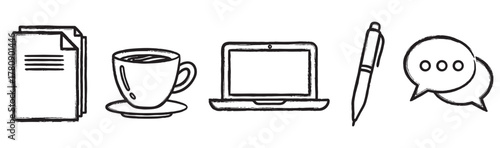 Simple black outline drawings of a stack of documents, a coffee cup, a laptop, a pen, and speech bubbles symbolizing work and communication.