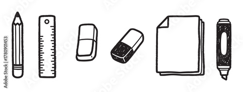 Black outline sketch of a pencil, ruler, erasers, stack of papers, and a marker, representing essential stationery items for writing and drawing.