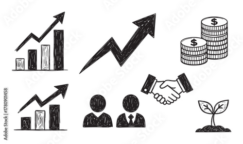 Hand-drawn black and white business icons, including graphs with upward trends, a handshake, a plant sprout, and stacked coins, representing growth and success.