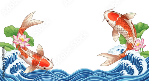 Watercolor illustration of koi fish swimming gracefully amid lotus flowers and undulating waves