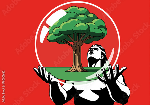 Surreal art: human and nature unison with tree in glass sphere on bold red