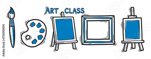 Stylized illustration of art class tools including a paintbrush, palette, easel, and frames with blue accents.