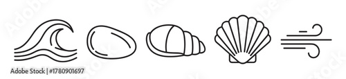 Simple black outline vector icons of a wave, pebble, spiral shell, scallop shell, and stylized wind representing sea and coastal elements.