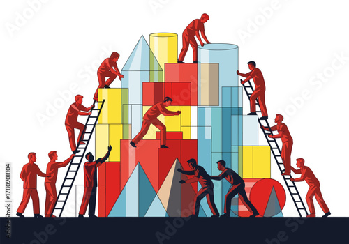 Team collaboration to build geometric structures with ladders in flat design