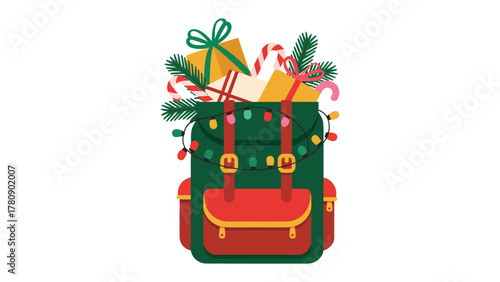 Festive Adventure Backpack: A whimsical Christmas backpack overflows with gifts, candy canes, and festive decorations, ready for a merry adventure!