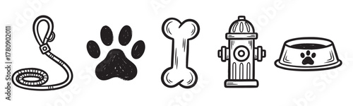 Black outline vector icons of a leash, paw print, bone, fire hydrant, and pet bowl for pet care and accessories.
