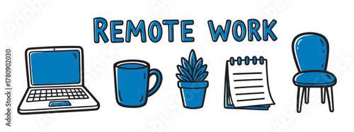 Illustrated icons depicting remote work essentials, including a laptop, coffee cup, small potted plant, notepad, and office chair in a simple style.