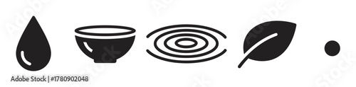 Black silhouette icons representing a water droplet, a bowl, concentric circles, a leaf, and a small dot side by side.