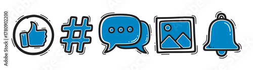 Blue outlined icons depicting a thumbs-up, hashtag, speech bubble, picture frame, and bell notification, each with black highlights.