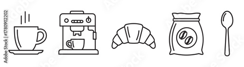 Black outline icons of a steaming coffee cup, an espresso machine, a croissant, a bag of coffee beans, and a spoon in minimal linear design.