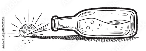 Hand-drawn vector illustration of a glass bottle with a message inside, lying on its side, with light emanating from its open end.