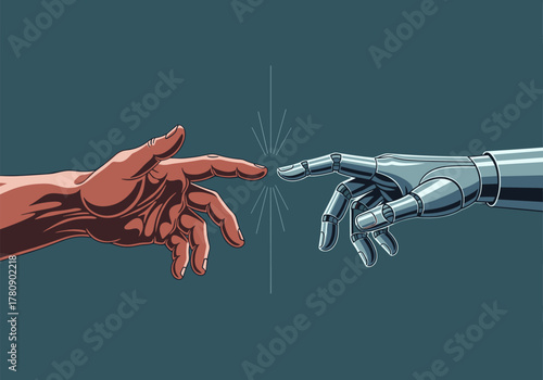 Human and robotic hands reaching out: fusion of technology and humanity in digital art