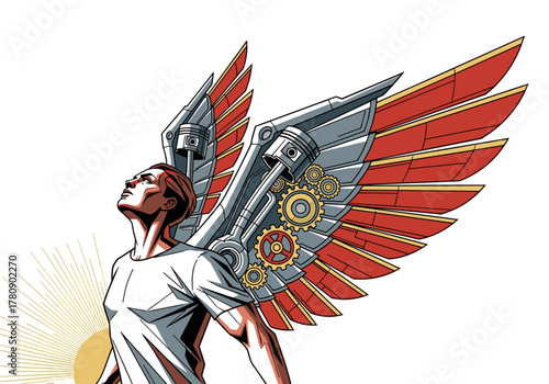 Futuristic steampunk wings with mechanical gears and rising sun