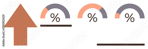 Upward arrow and three percentage gauges in orange and gray represent progress, growth, performance, and measurement. Ideal for statistics, analysis, productivity, finance, business education
