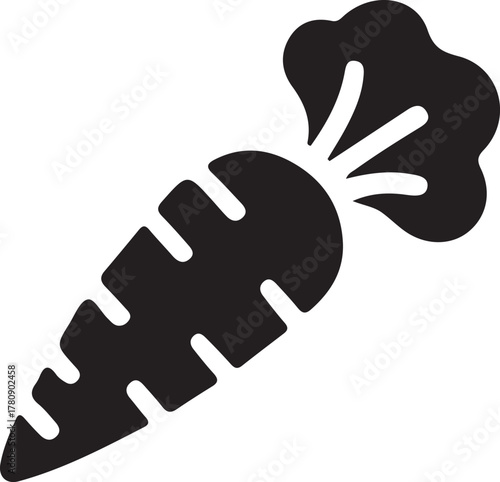 Stylized black carrot icon with green leaves design.
