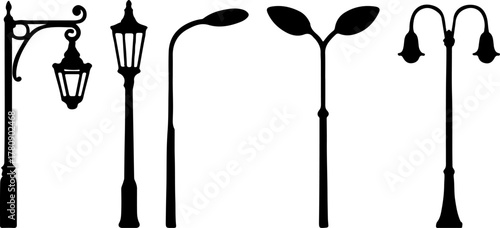 Street light vector, road light silhouette illustration, collection vector of street light, street lamp isolated on white