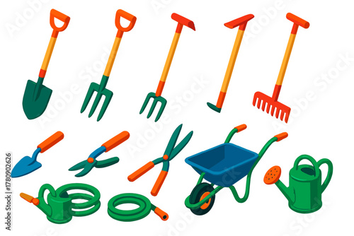 Gardening Tools Icons. Isometric vector illustration set Tools: spade, shovel, garden fork, hoe, rake, trowel, pruning shears,