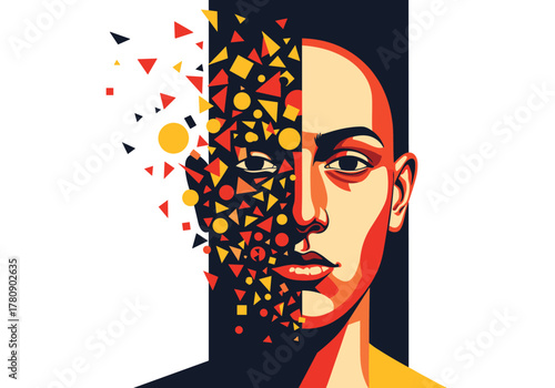 Geometric face art with exploding shapes in bold colors