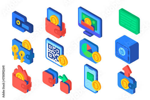 Cryptocurrency Wallet Icons. Isometric vector illustration set Cryptocurrency Wallets: hardware wallet, mobile crypto wallet,