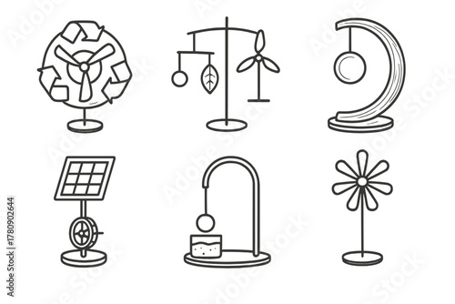Sustainable Kinetic Sculptures. Line style icons of sustainable kinetic sculptures: recycled material spin form, wind-powered