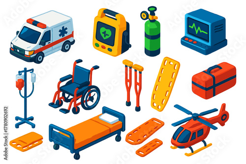 Healthcare Tools Icons. Isometric vector illustration set First Aid and Healthcare Tools: ambulance, defibrillator, oxygen tank,