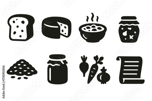 Historic Cuisine Icons. Solid style icons of historic cuisine elements: ancient bread slice, aged cheese wheel, classic stew bowl.