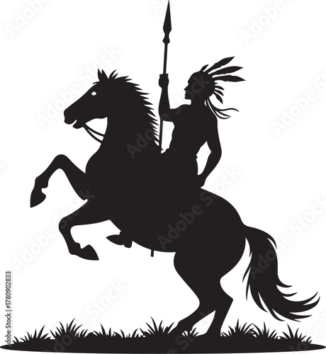 Black silhouette of Native American on rearing horse with spear
