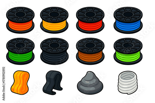 3D Filament Icons. Isometric vector illustration set 3D Printer Filament Types: PLA spool, ABS spool, PETG spool, TPU spool, nylon