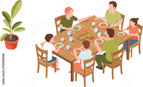 isometric illustration of family dining together at home table, happy parents and children eating healthy meal in cozy atmosphere