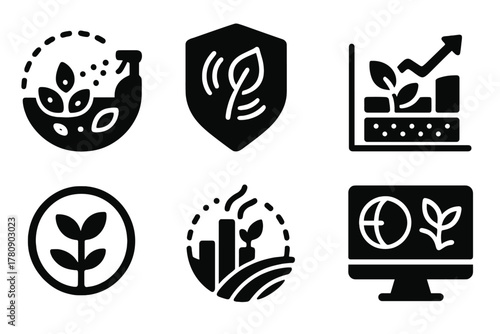 Environmental Impact Icons. Solid style icons of environmental impact scans: pesticide residue spectrum, eco-scan badge, soil