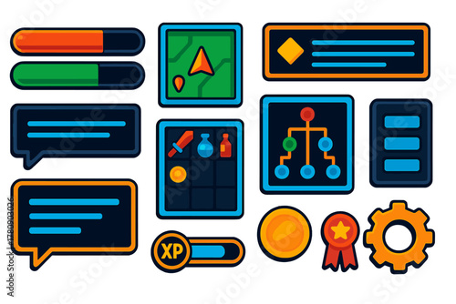Gaming UI Elements. Isometric vector illustration set Gaming UI and HUD: health bar, stamina bar, minimap, quest tracker,