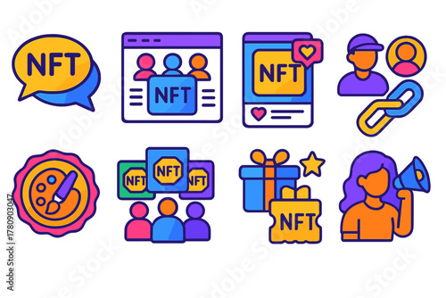 Vibrant NFT Icon Set. Isometric vector illustration set NFT Community and Social: NFT chat bubble, community forum screen, NFT