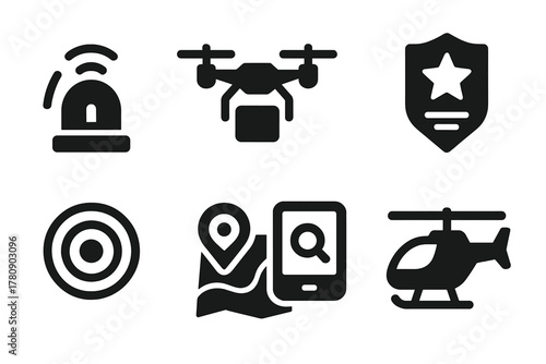 Recovery Tools Icons. Solid style icons of post-jump recovery tools: beacon glyph, pickup drone icon, crew badge. Signal ring, GPS
