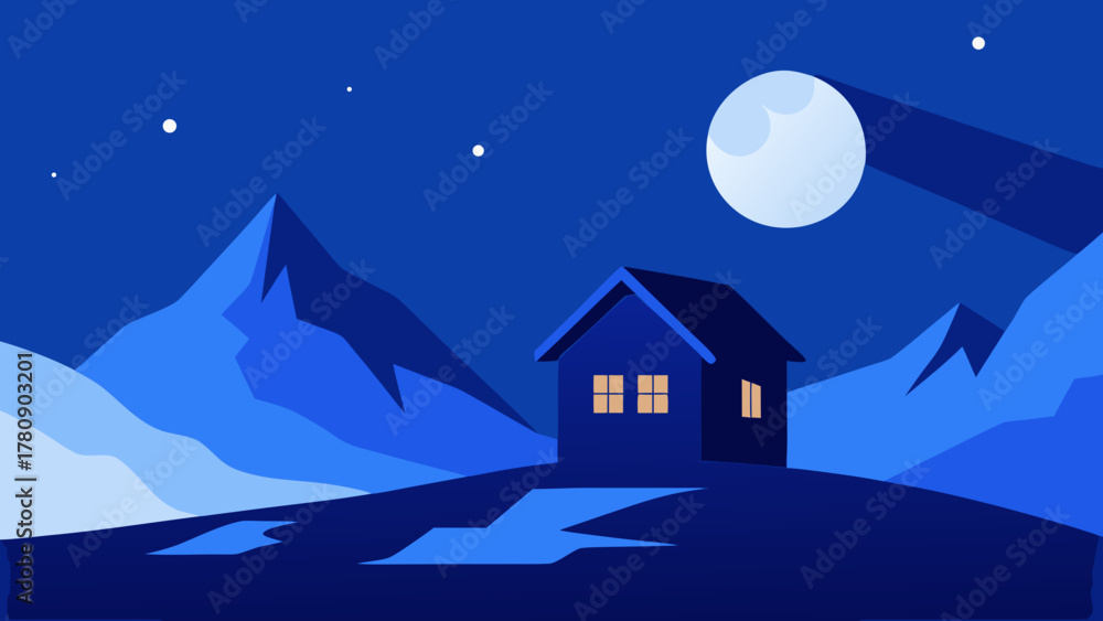 Fototapeta premium Cozy winter night landscape with a snow-covered cottage on a hill, perfect for a Christmas or holiday greeting card